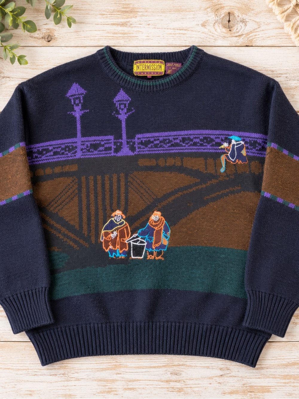 Intermission  VINTAGE Navy  noveltyCrewneck Sweater with Bridge Motif